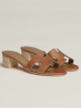 Hermes Brown Leather H Oran Slide Heels